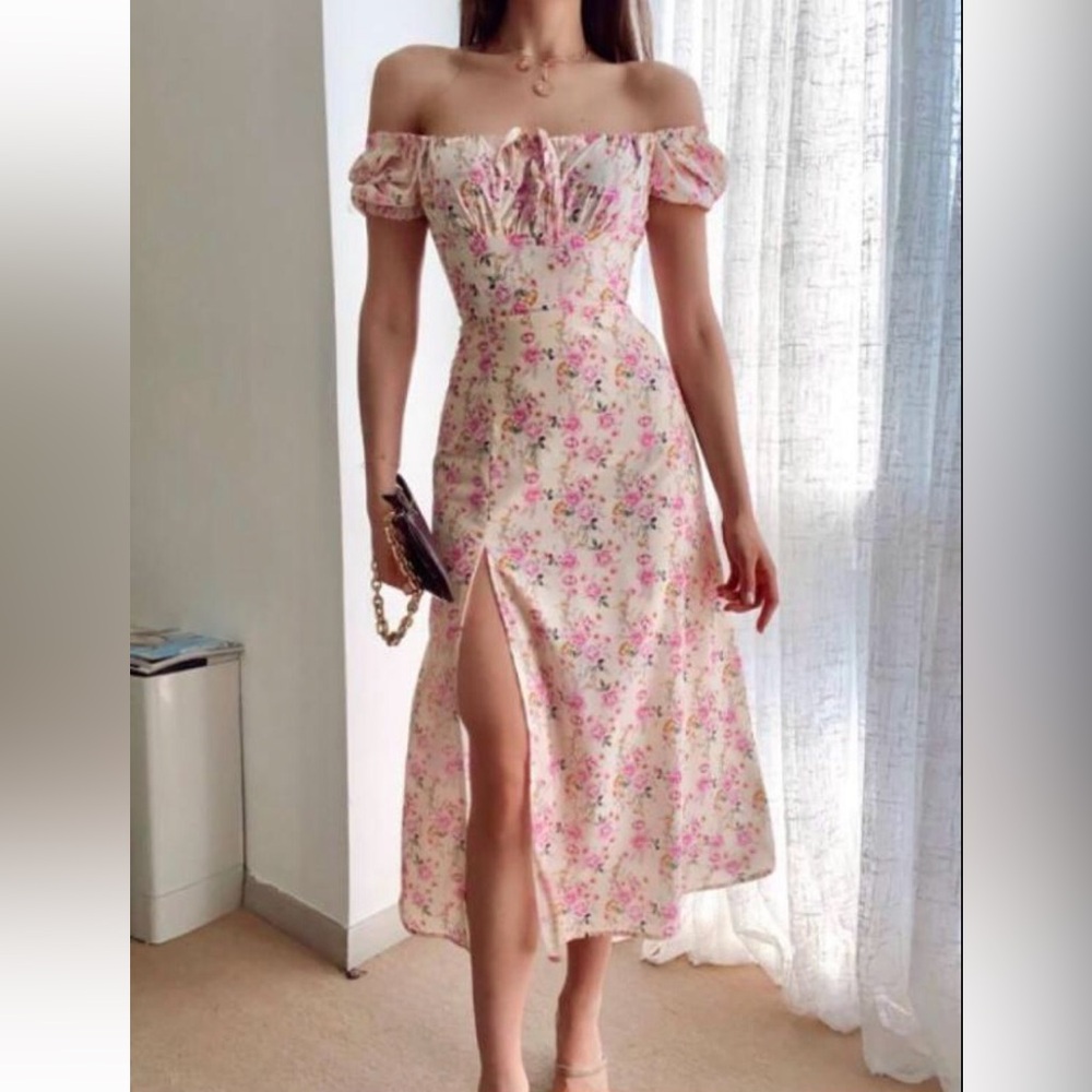 Pink Beige Floral Summer Dress